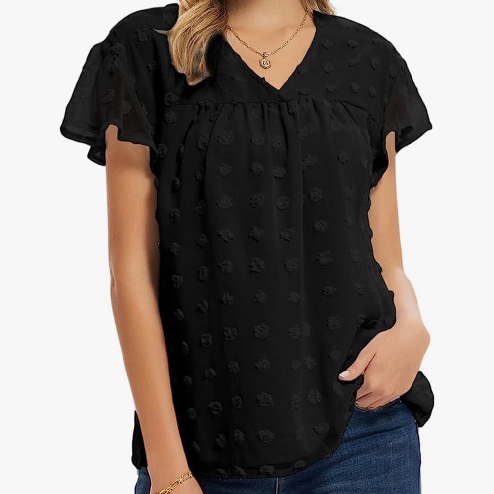 GRACE KARIN Casual Swiss Dot Chiffon V Neck Short Sleeve Flowy Blouse